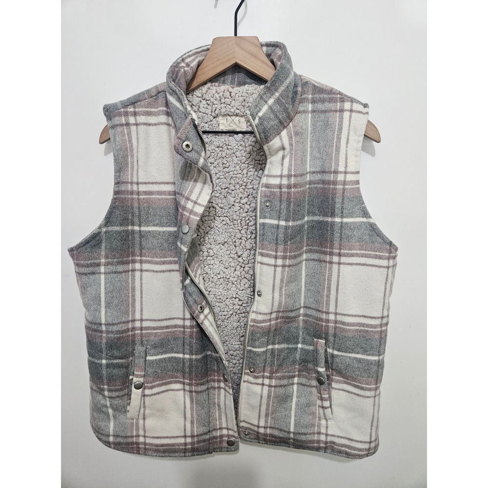 T&S Ivory Plaid Sherpa Lined Vest Grey Mauve Full Zip Snap Front FRJKX8505 Large